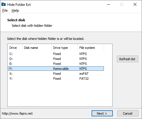 Hide Folder Ext 选择磁盘界面